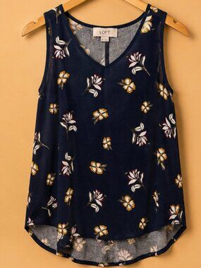 LOFT Navy Floral Sleeveless Blouse Medium | Sheer Flowy Tank Top